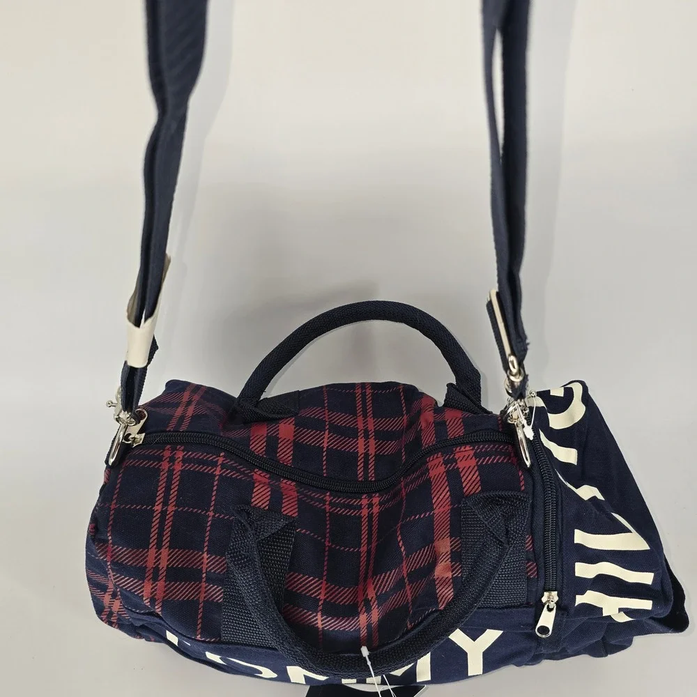 Tommy Hilfiger Mini Duffle‎ Bag Navy Red Plaid Canvas Logo M86913589 467 NWT